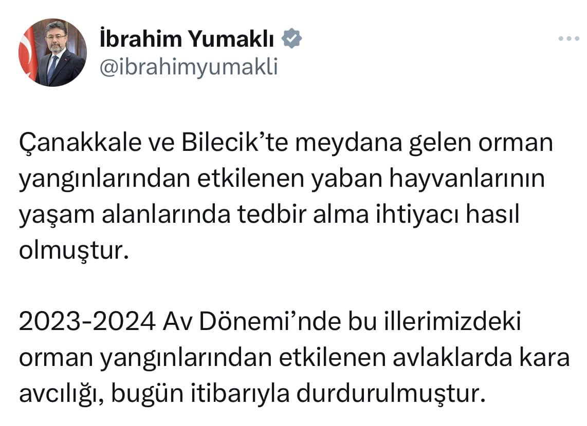 Tarım ve Orman Bakanı: Orman Yangınlarından Etkilenen Avlaklarda Kara Avcılığı Durduruldu