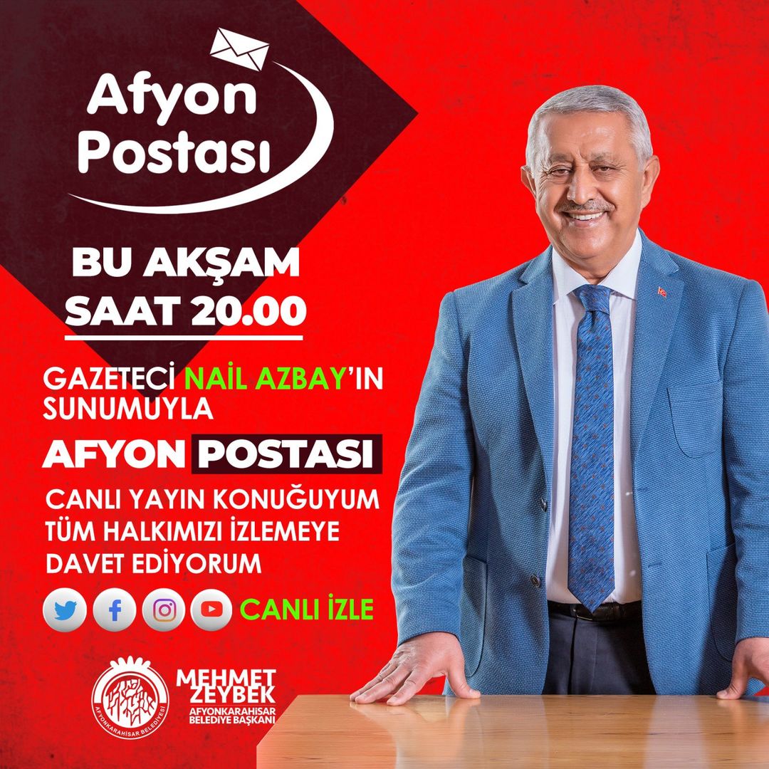 Afyonkarahisar Belediye Başkanı Mehmet Zeybek, canlı yayında şehrin gelişimini ve belediye projelerini anlatacak. #AfyonkarahisarBelediyesi #canlıyayın #şehirgündemi