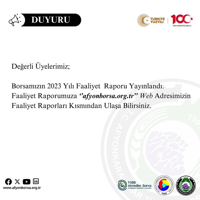 Afyonkarahisar Ticaret Borsası'nın 2023 Faaliyet Raporu Yayınlandı