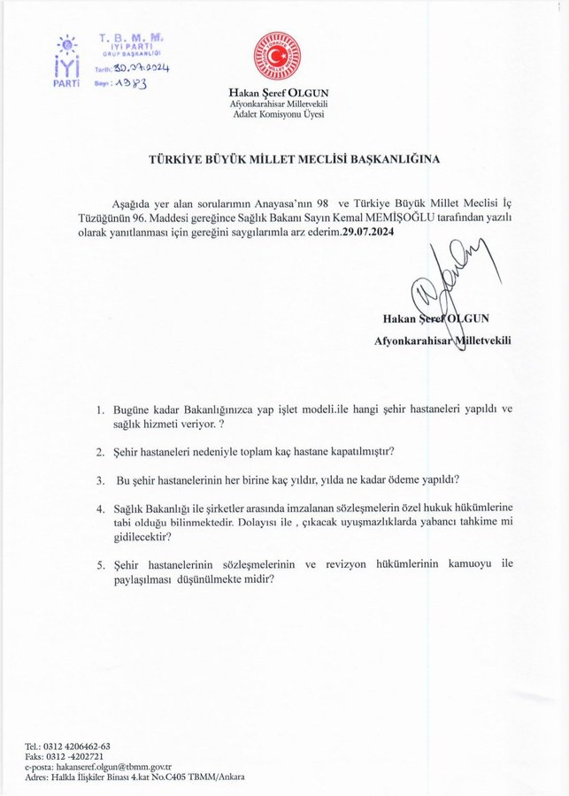 İYİ Parti Milletvekili Av. Hakan Şeref Olgun Şehir Hastaneleri Konusunda Sağlık Bakanı'na Soru Önergesi Verdi