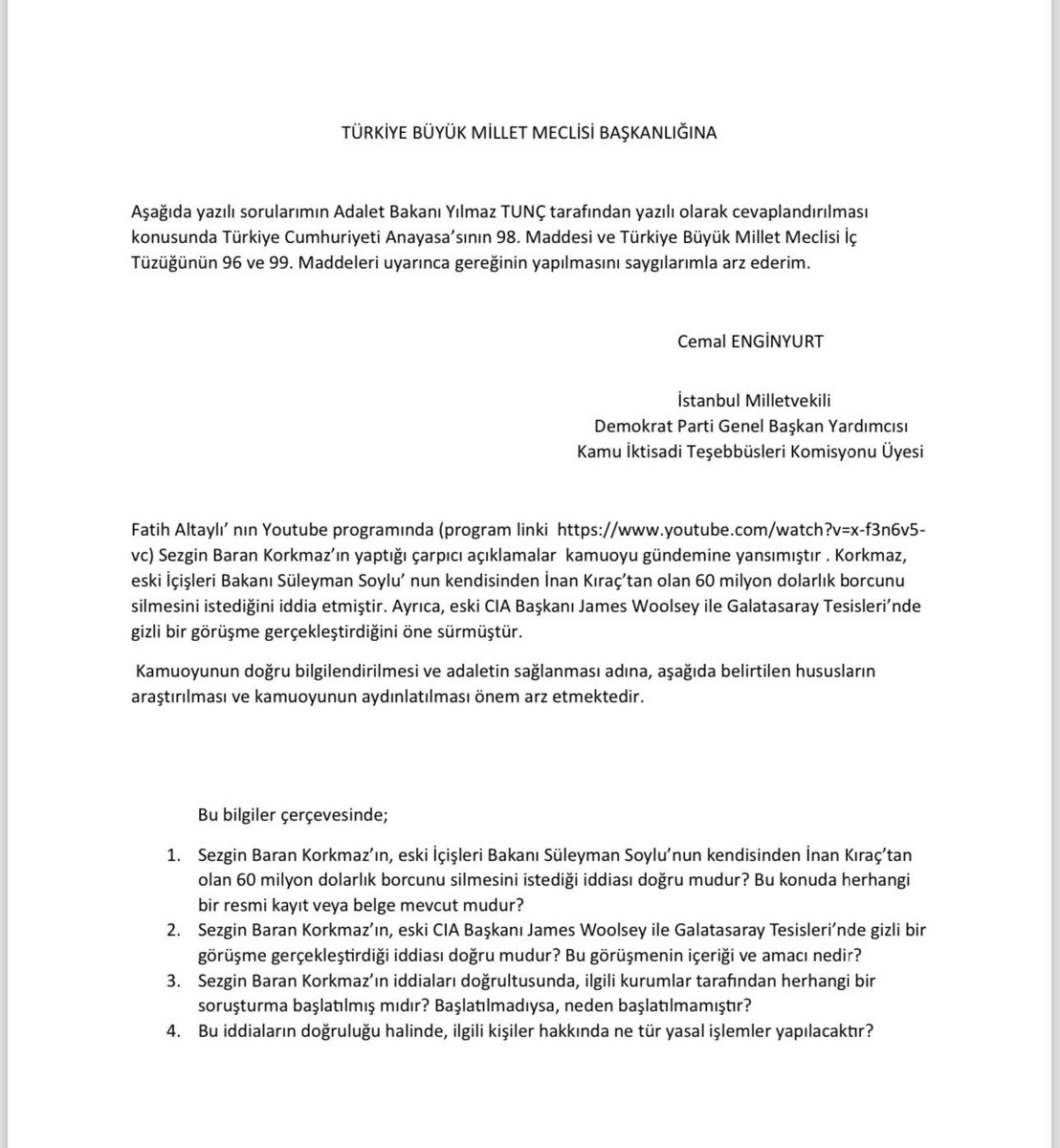 Adalet Bakanı'na İddialar İle İlgili Soru Önergesi Verildi