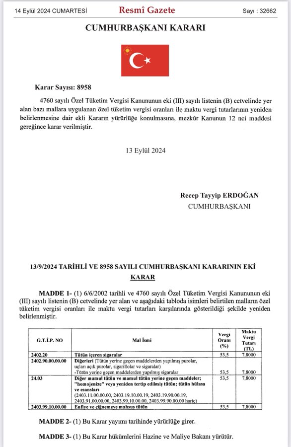 ÖTV Oranları ve Maktu Vergi Tutarları Tütün Ürünlerinde Artırıldı