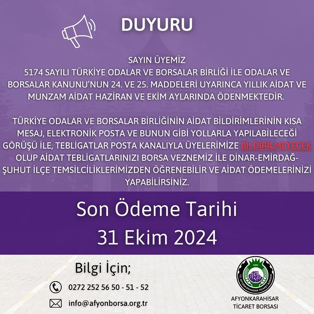 Afyonkarahisar Ticaret Borsası Üyelerine Önemli Bilgilendirme