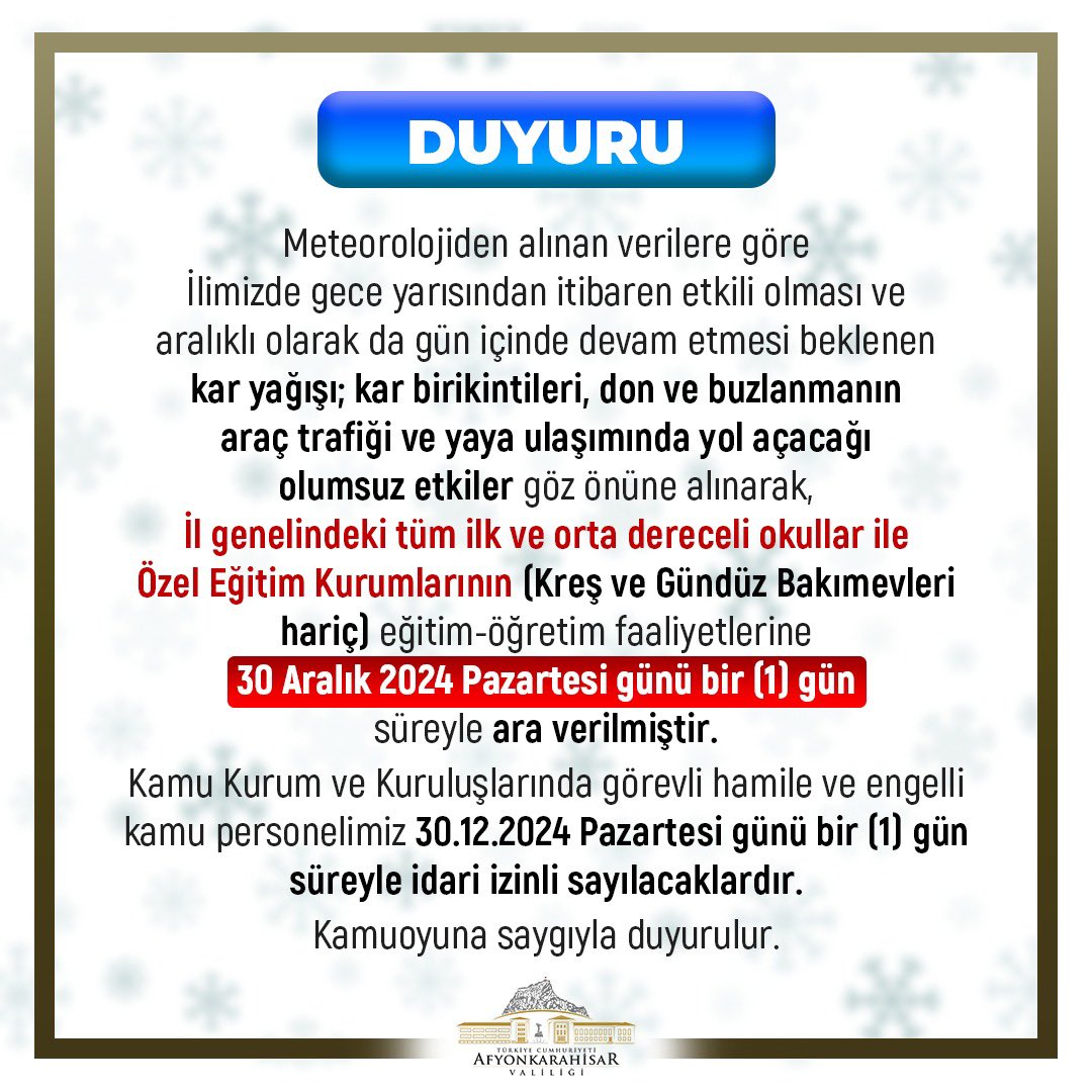 Afyonkarahisar'da Yoğun Kar Tatili