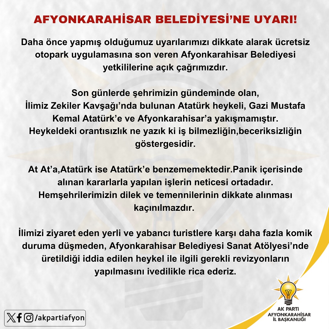 Afyonkarahisar Belediyesine Heykel Revizyonu Çağrısı