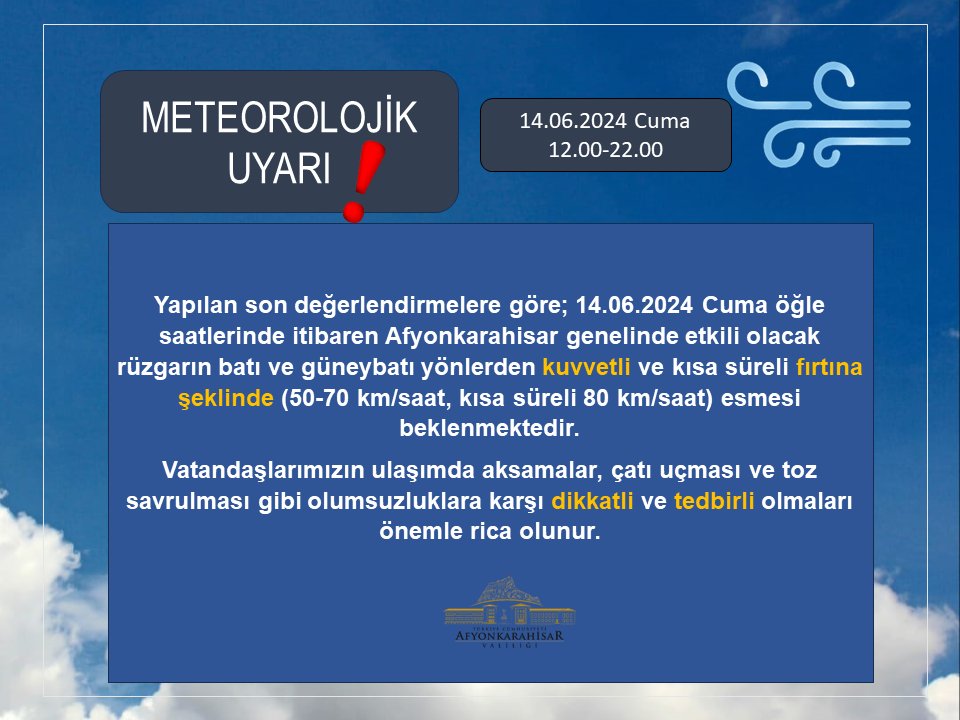 Afyonkarahisar’da Fırtına Alarmı: Hızı Saatte 80 Kilometreye Ulaşacak!